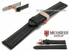 Watch strap Cumiana 22mm black leather light stitching with ros� golden clasp by MEYHOFER (width of clasp 20 mm)