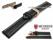 Watch strap Ocala 24mm black leather alligator grain with ros golden clasp by MEYHOFER (width of clasp 22 mm)