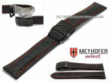 Watch strap Singapur 24mm black leather alligator grain with black clasp by MEYHOFER (width of clasp 22 mm)