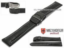 Watch strap Singapur 24mm black leather alligator grain with black clasp by MEYHOFER (width of clasp 22 mm)