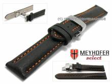 SALE: Uhrband Bayonne 17mm schwarz Leder genarbt orange Naht mit Faltschließe von MEYHOFER (Schließenanstoß 16 mm)