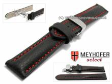 SALE: Uhrband Bayonne 17mm schwarz Leder genarbt matt rote Naht mit Faltschließe von MEYHOFER (Schließenanstoß 16 mm)