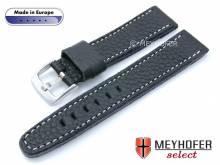 Uhrenarmband Alcamo 20mm schwarz Leder genarbt robust & weich helle Naht von MEYHOFER (Schließenanstoß 18 mm)