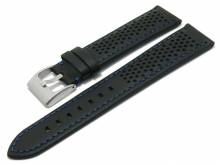 Uhrenarmband Batesville 20mm schwarz Leder Racing-Look blaue Naht von MEYHOFER (Schließenanstoß 18 mm)