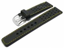 Watch strap 24mm black smooth rustic leather racing style yellow stitching by PATTINI (width of buckle 24 mm)
