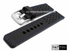 Watch strap 24mm black smooth rustic leather racing style blue stitching by PATTINI (width of buckle 24 mm)