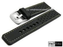 Watch strap 24mm black smooth rustic leather racing style light stitching by PATTINI (width of buckle 24 mm)