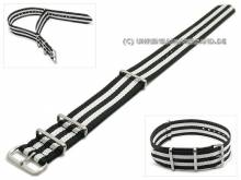 Uhrenarmband 18mm schwarz Textil mit weißen Streifen NATO-Durchzugsband