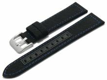 Watch strap Tacna 22mm black recycled polyester/vegan textile like blue stitching (width of buckle 20 mm)