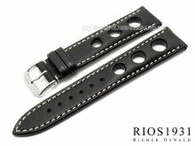 Uhrenarmband Kaluga 19mm schwarz echt Juchtenleder weiße Naht RIOS (Schließenanstoß 16 mm)