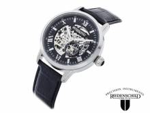 Automatic watch stainless steel silver face skeletonized black leather strap from Riedenschild (*RS*HU*)