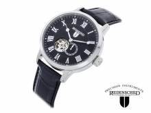 Automatic watch stainless steel silver face black open balance wheel leather strap from RIEDENSCHILD (*RS*HU*)