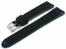 Uhrenarmband 21mm schwarz Leder velourartig blaue Naht mit Schnellwechselstegen (Schließenanstoß 18 mm)