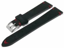 Uhrenarmband 19mm schwarz Leder velourartig rote Naht mit Schnellwechselstegen (Schließenanstoß 16 mm)