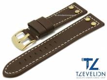 Uhrenarmband 24mm dunkelbraun Leder Aviator-Look goldfarbene Nieten helle Naht von TZEVELION (Schließenanstoß 22 mm)