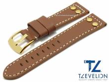 Uhrenarmband 22mm mittelbraun Leder Aviator-Look goldfarbene Nieten helle Naht von TZEVELION (Schließenanstoß 20 mm)