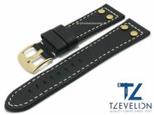 Uhrenarmband 24mm schwarz Leder Aviator-Look goldfarbene Nieten helle Naht von TZEVELION (Schließenanstoß 22 mm)