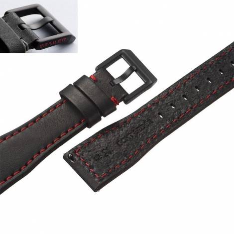 Watch strap -Aviator New- 22mm black leather aviator look red stitching easy click by STAILER (width of buckle 18 mm) - Bild vergrern 