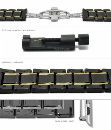 Watch strap 22mm black/golden ceramic/stainless steel polished incl. APPLE adapter 42/44/45 mm - Bild vergr��ern 