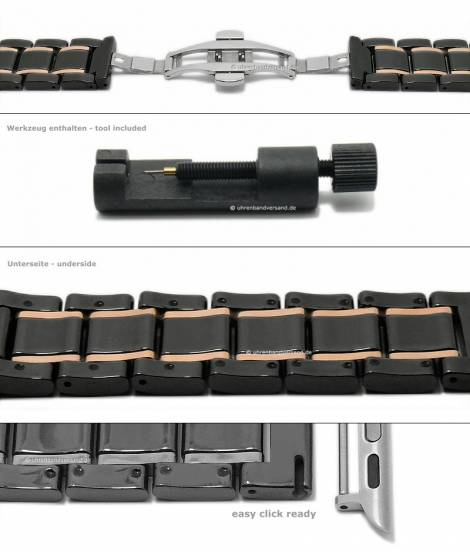 Watch strap 22mm black/ros� golden ceramic/stainless steel polished incl. APPLE adapter 42/44/45 mm - Bild vergr��ern 
