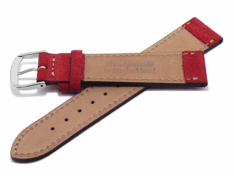 Watch strap 18mm red leather velvety/velour-like stitched by FLUCO - Made in Germany (width of buckle 16 mm) - Bild vergr��ern 