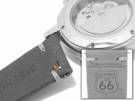 GERMANY MADE: Meyhofer EASY-CLICK watch strap -GREDING - Motif Route 66- 20mm grey leather (width of buckle 16 mm) - Bild vergr��ern 