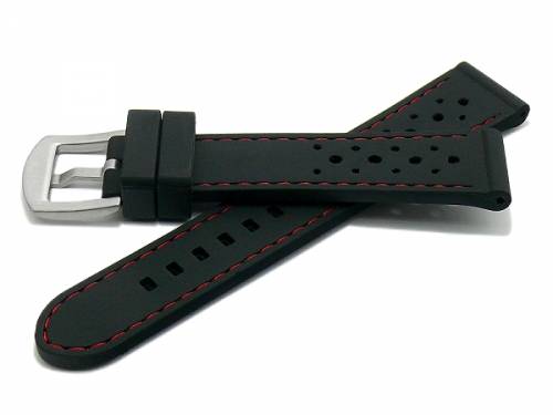 Uhrenarmband -Bologna- 22mm schwarz Silikon Racing-Look rote Naht von MEYHOFER (Schlieenansto 20 mm) - Bild vergrern 