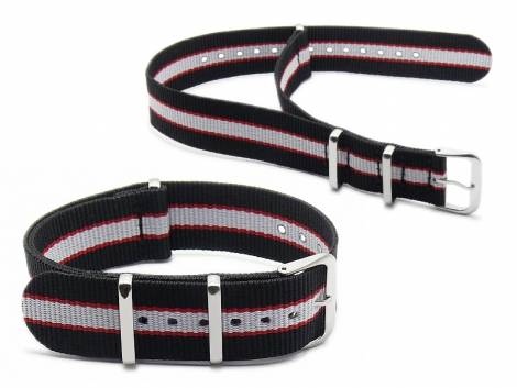 Watch strap -Pittsburgh- 22mm black stripes red/white textile (nylon) NATO style one piece strap - Bild vergr��ern 