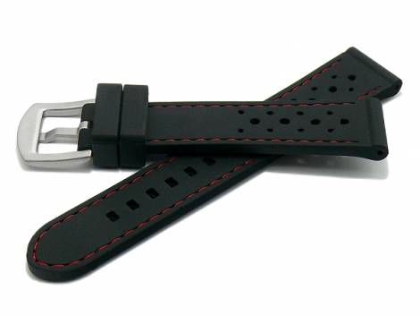 Watch strap -Bologna- 22mm black silicone racing look matt red stitching (width of buckle 20 mm) - Bild vergr��ern 