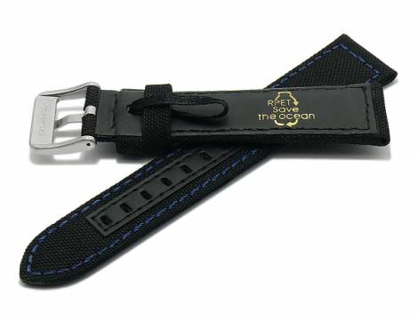 Watch strap -Tacna- 22mm black recycled polyester/vegan textile like blue stitching (width of buckle 20 mm) - Bild vergr��ern 