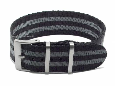 Watch strap 24mm black nylon (seatbelt) grey stripes single layered one piece strap in NATO-style - Bild vergr��ern 