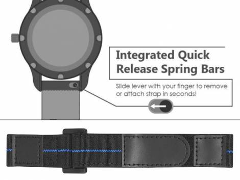 Watch strap 20mm black nylon blue stripe with easy change spring bars & hook and loop fastener (buckle 20 mm) - Bild vergr��ern 
