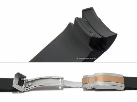 Watch strap 21mm black silicone with bicolor rosgold/silver coloured clasp suitable for ROLEX Oysterflex - Bild vergrern 
