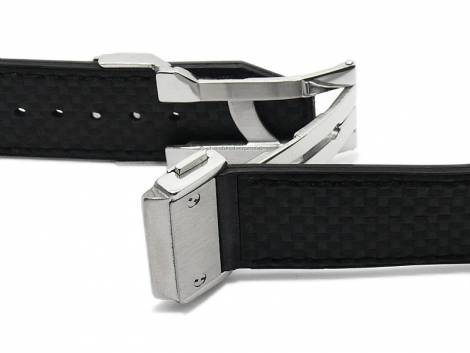 Watch strap 25mm black leather carbon look stitched with clasp for HUBLOT (width of buckle 22 mm) - Bild vergr��ern 
