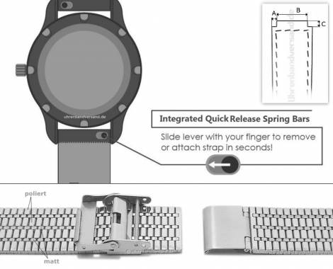 Watch strap 20mm stainless steel folded with EASY-CLICK spring bars slide clasp suitable for SAMSUNG etc. - Bild vergr��ern 