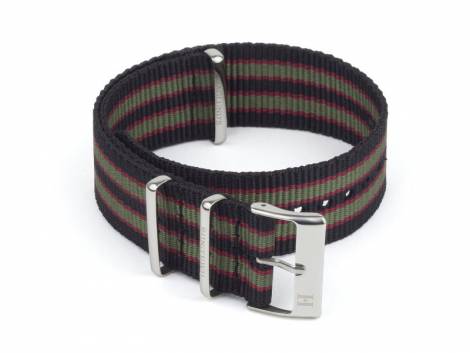 Watch strap -Varberg- 20mm black nylon/textile with red green stripes in NATO style one piece strap by HAGLUND - Bild vergr��ern 