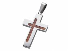 Schmuckanhänger/Halsschmuck Kreuz Edelstahl/Holz silberfarben/braun robust (37 x 25 mm) mit Holzeinlage