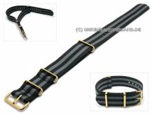 ABVERKAUF: Uhrenarmband 24mm schwarz Textil graue Streifen goldfarbene Schließe NATO-Durchzugsband