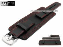Uhrenarmband 21mm schwarz Leder Military-Look robust Lederunterlage rote Naht von PATTINI (Schließenanstoß 22 mm)