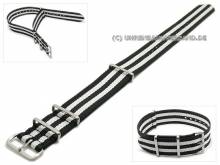 Watch strap 18mm black textile white stripes NATO one piece strap