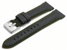 Watch strap Barletta 22mm black/green leather/cordura green stitching underside lorica (width of buckle 18 mm)
