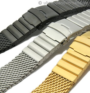 Watch band mesh brushed robust structure in silver, black and golden coloured