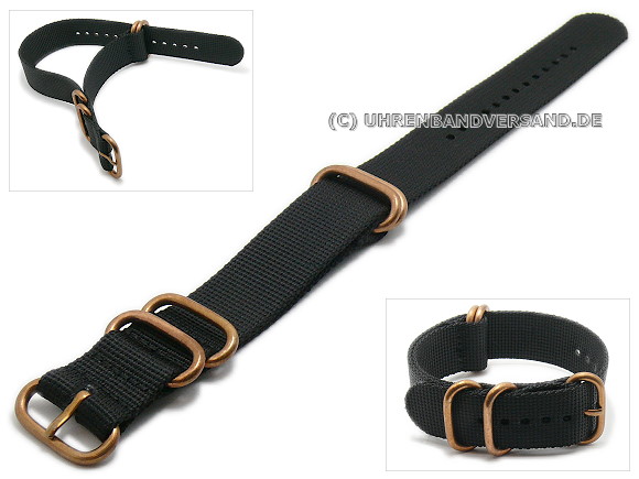 Watch strap Zulu 5R-BRZ 22mm black nylon (textile) with 4 bronze loops