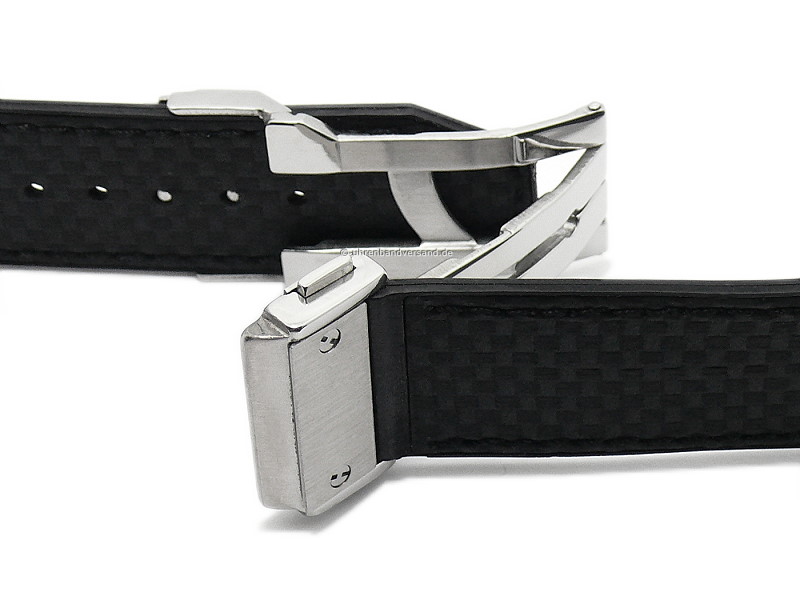 Watch strap ScLB51 25mm black leather carbon look stitched with clasp